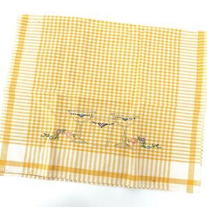 Vintage Gold Gingham Kitchen Towel Hand Embroidered Drinks and Floral Flowers